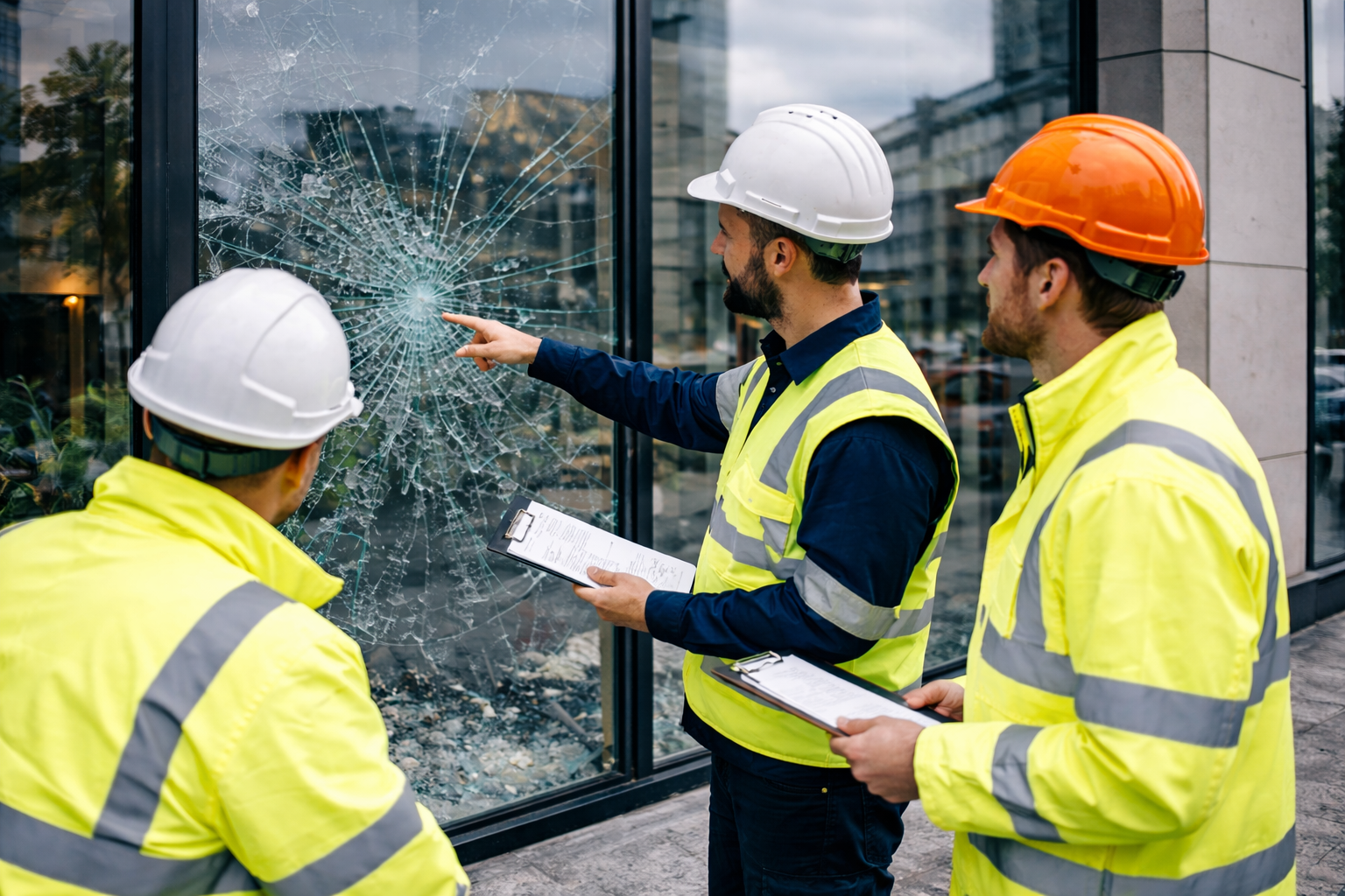 Technician inspecting a shattered glass window