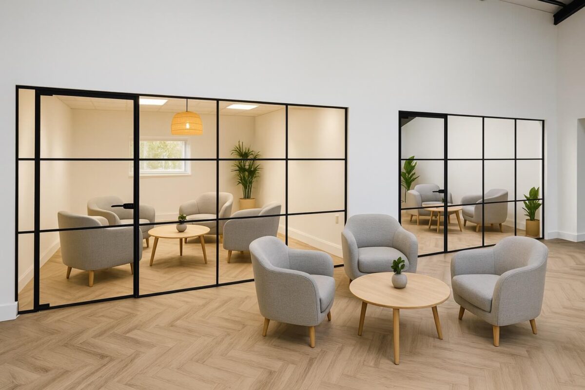 Crittall-style banded glass office partitions in London