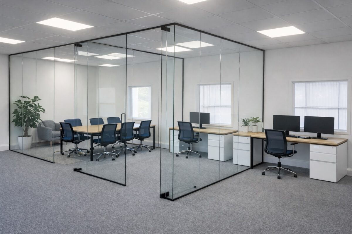 Frameless glass office cubicles and partition walls