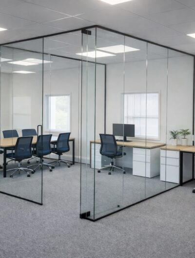 Frameless glass office cubicles and partition walls