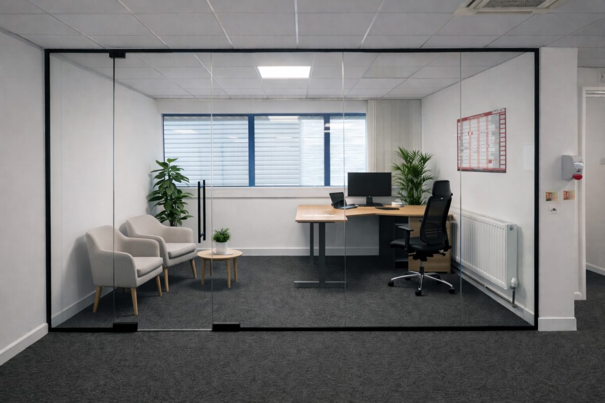 Frameless glass partition enclosing a private meeting room