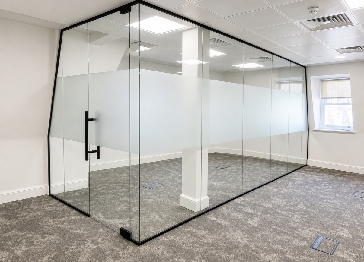 Internal glazed meeting room with frosted privacy band near Fenchurch Street London
