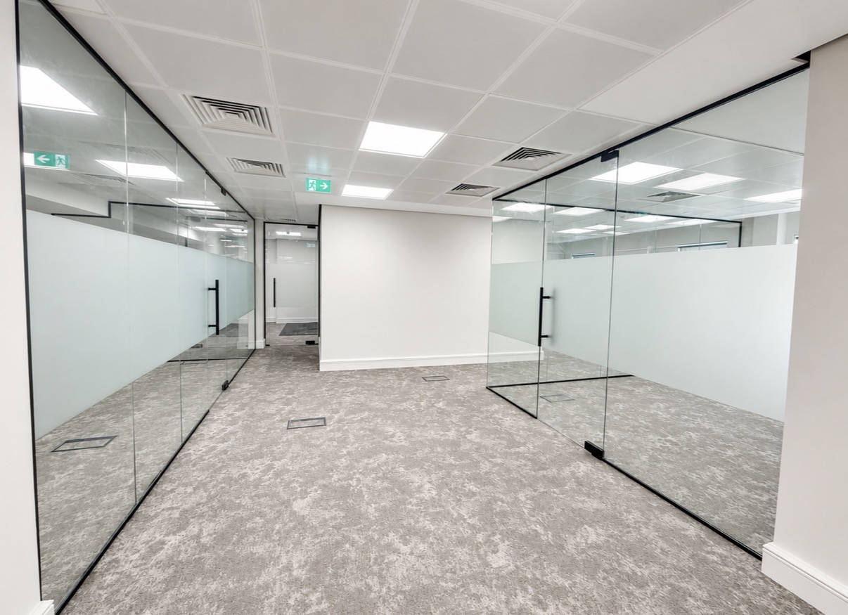 Internal office glass partitions with frosted privacy manifestation near Fenchurch Street London